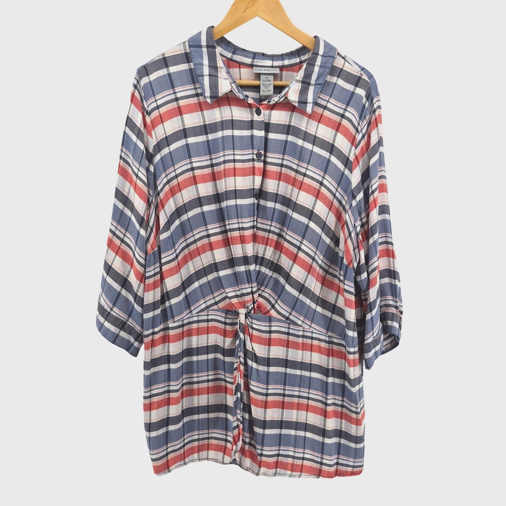 Catherines‎ Womens Plaid Button Front Twist Tie Shirt Top 2X 22/24W Red Blue
